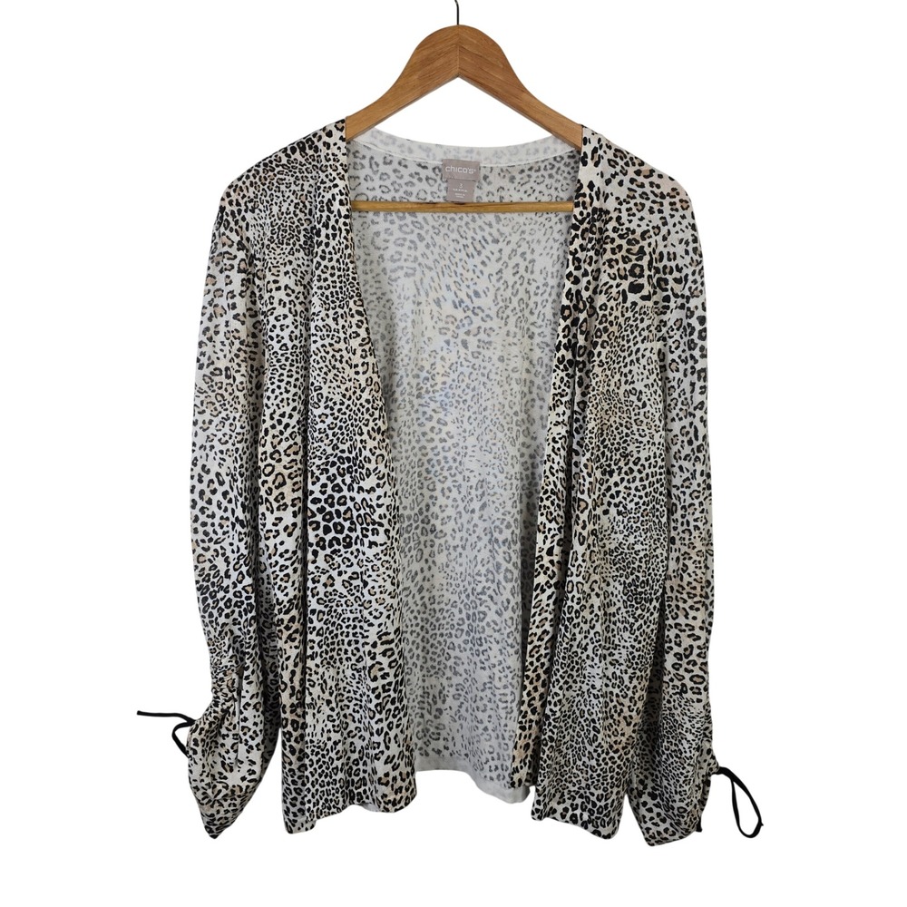Chicos Leopard Print Open Front Cardigan Tan Black XL Cinch Tie Sleeve